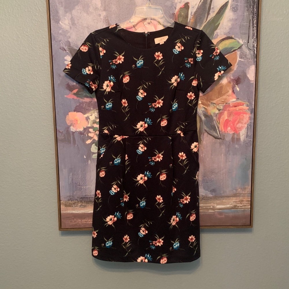 Loft Outlet Navy Floral Cinched Waste Dress